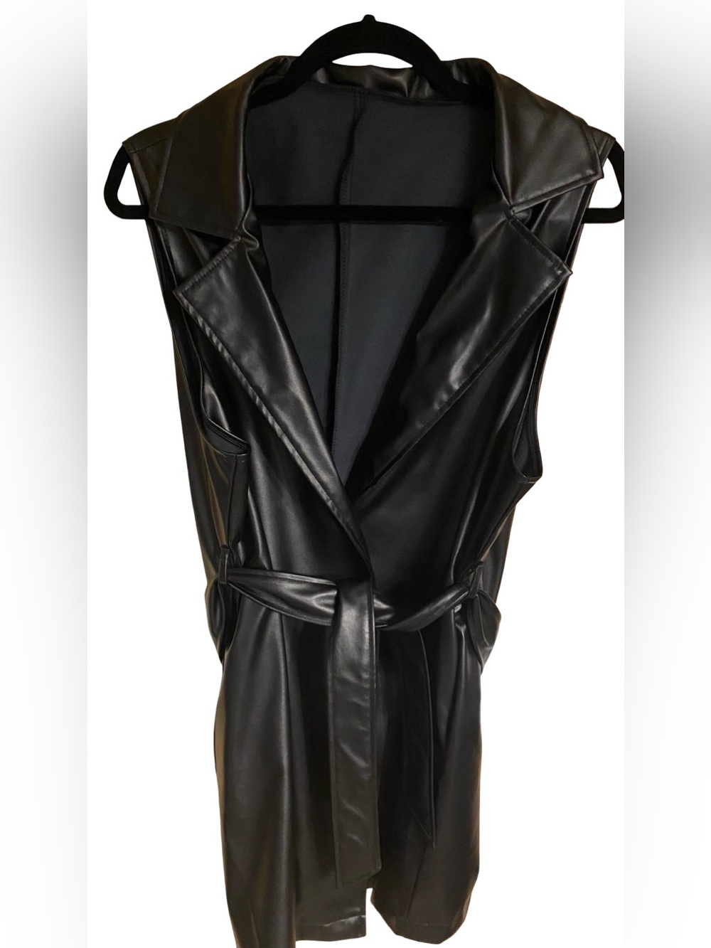 2XL Sleeveless Black Faux Leather Trench Vest
